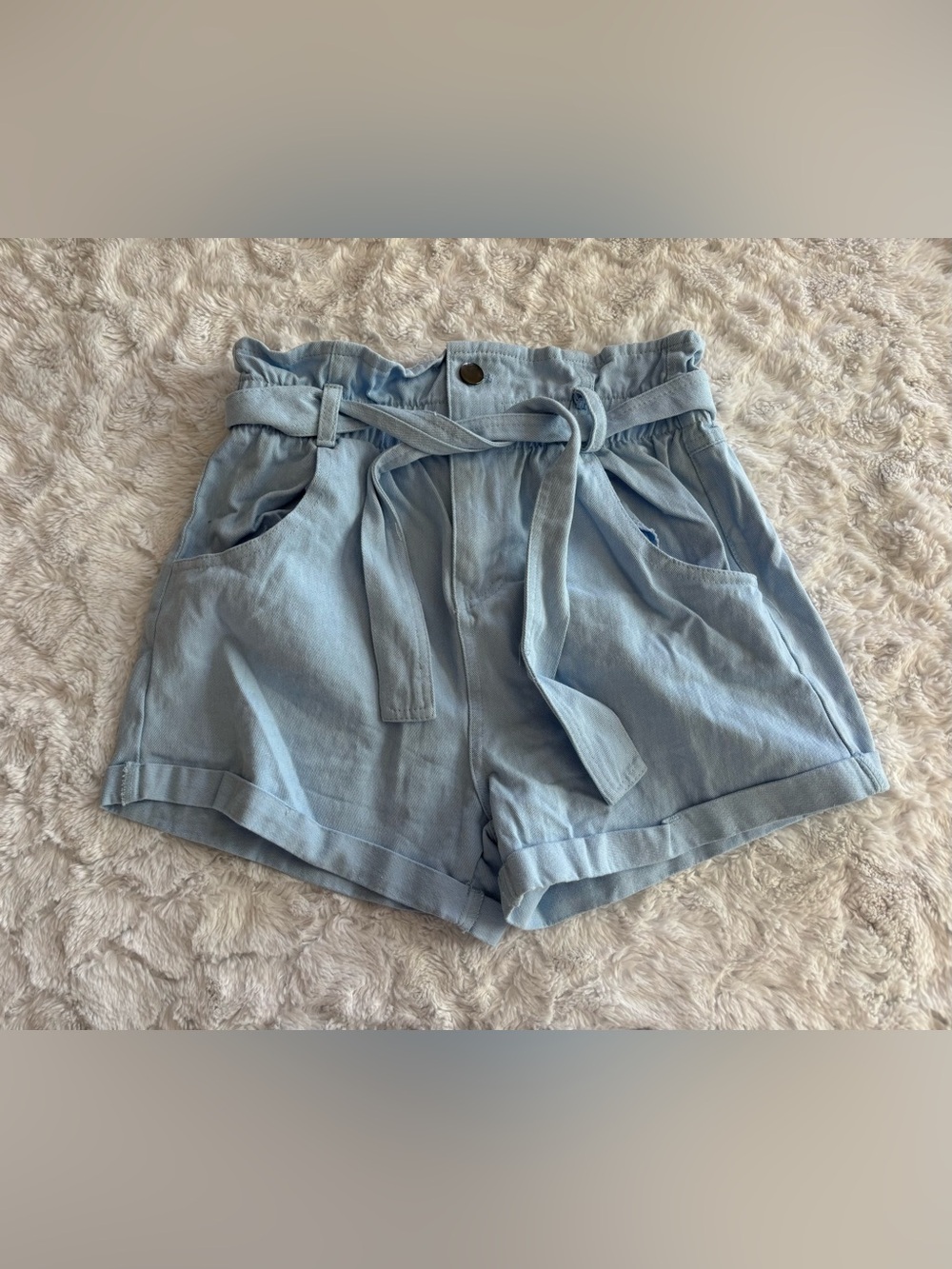 HYFVE High-Waist Paperbag Light Blue Women’s Shorts with Tie Belt in Size Small